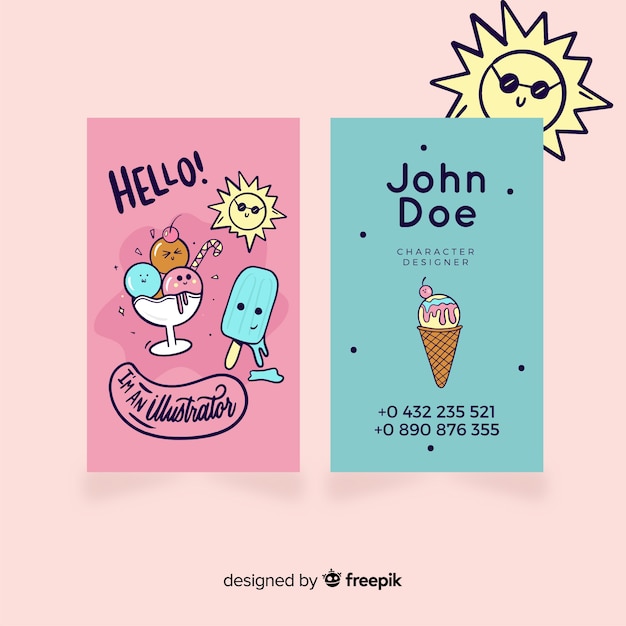 Hand drawn kawaii character business card template