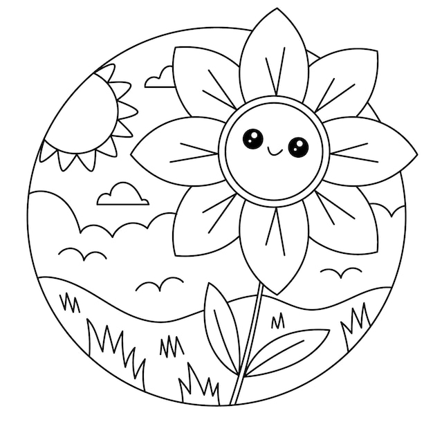 Hand drawn kawaii coloring book illustration