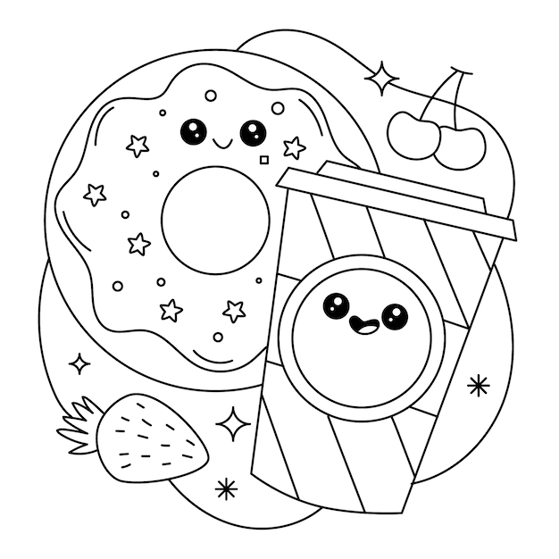 Hand drawn kawaii coloring book illustration