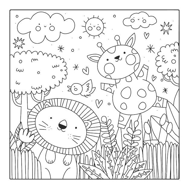 Hand drawn kawaii coloring book illustration