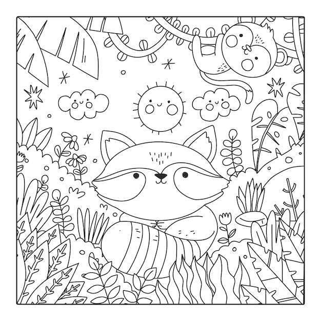 Hand drawn kawaii coloring book illustration