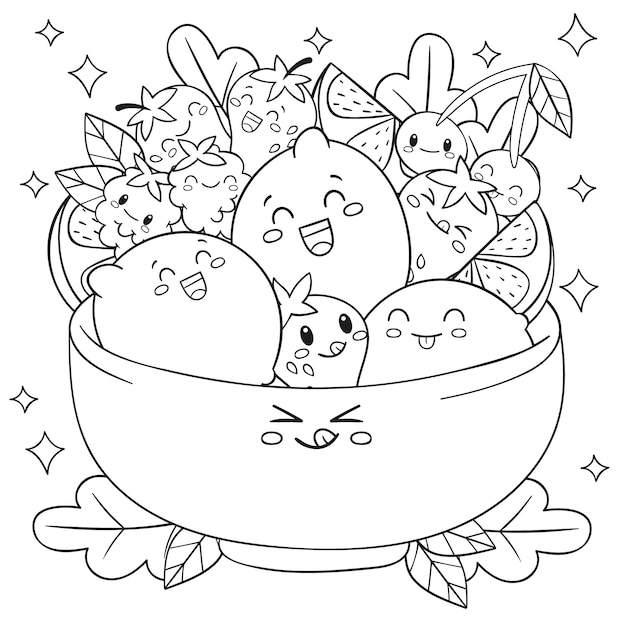 Hand drawn kawaii coloring book illustration