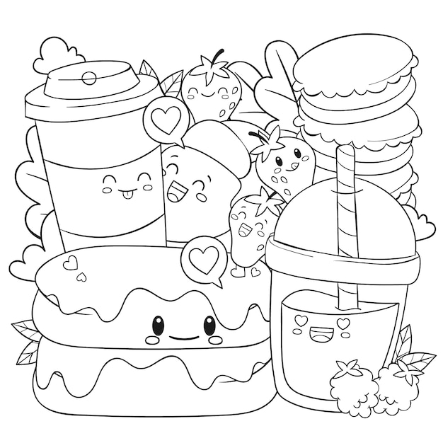 Hand drawn kawaii coloring book illustration