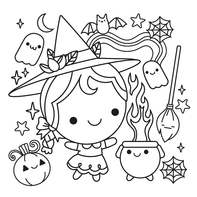 Hand drawn kawaii coloring book illustration