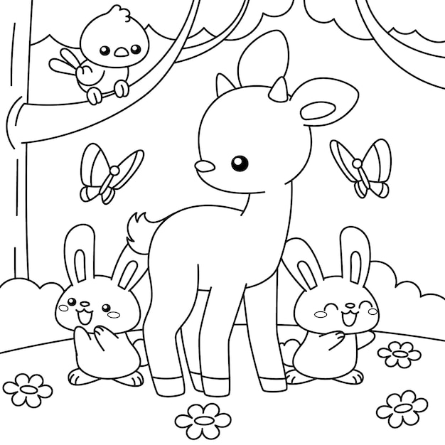 Hand drawn kawaii coloring book illustration