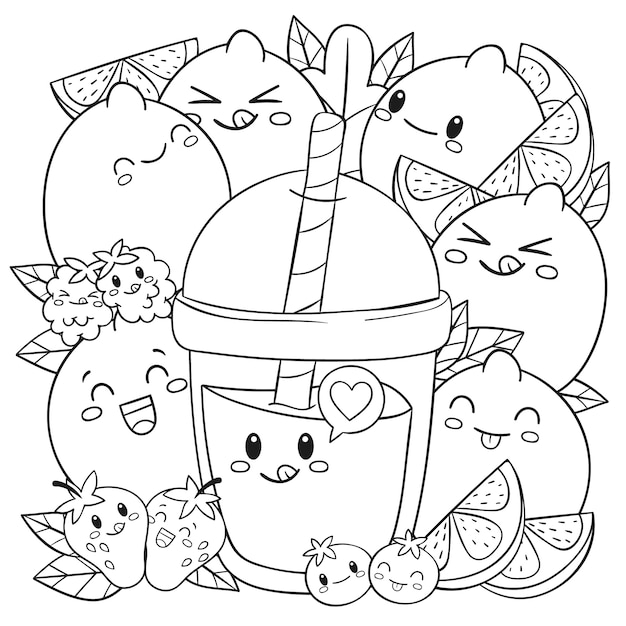 Hand drawn kawaii coloring book illustration