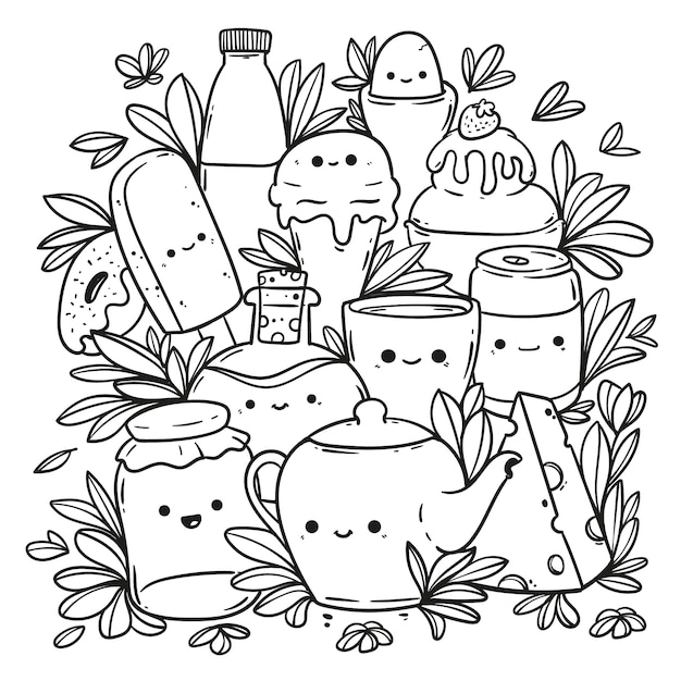 Hand drawn kawaii coloring book illustration