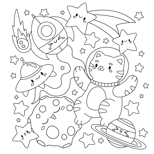 Hand drawn kawaii coloring book illustration