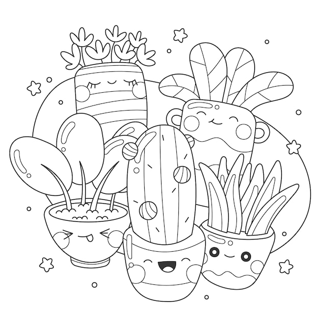 Hand drawn kawaii coloring book illustration