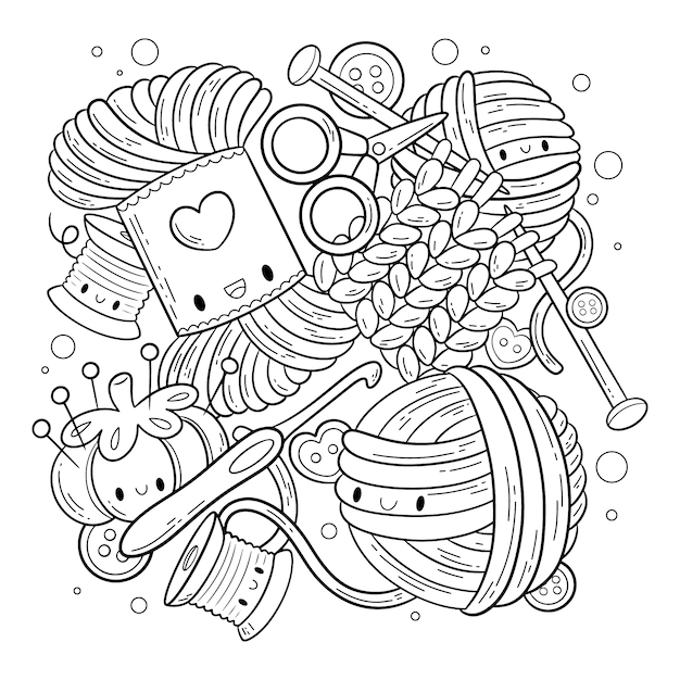 Hand drawn kawaii coloring book illustration