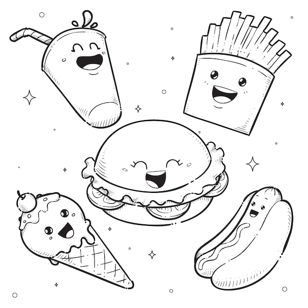 Hand drawn kawaii coloring book with food