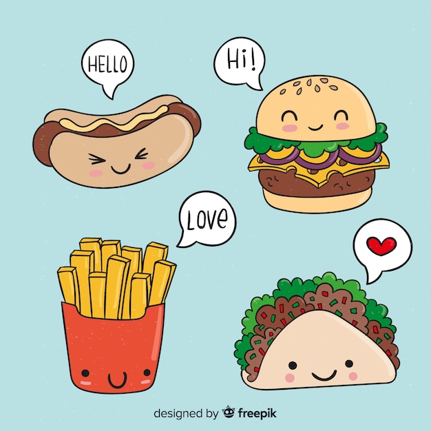 Hand drawn kawaii fast food collection