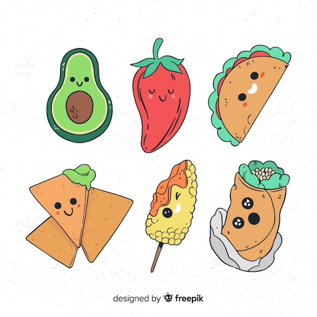 Hand drawn kawaii food collection