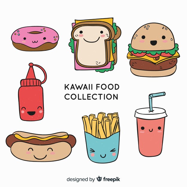 Hand drawn kawaii food collection