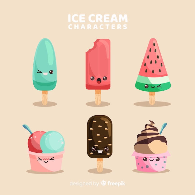 Hand drawn kawaii ice cream characters set