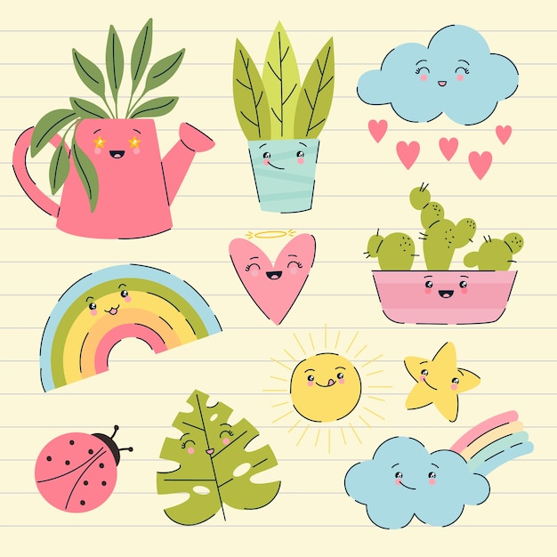 Hand drawn kawaii illustration set