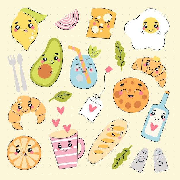 Hand drawn kawaii illustration set