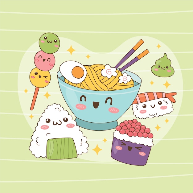 Hand drawn kawaii illustration set