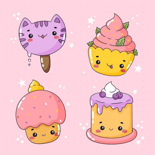 Free Vector hand drawn kawaii illustration set