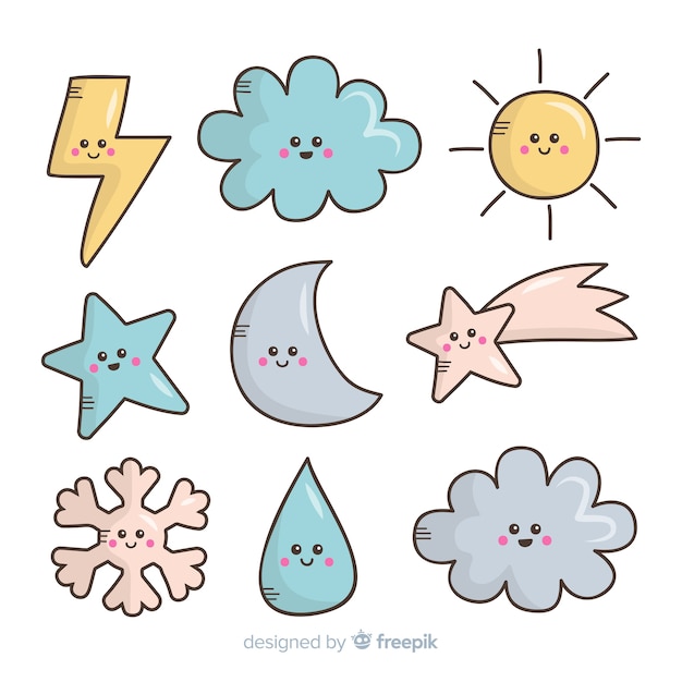 Hand drawn kawaii sky characters collection