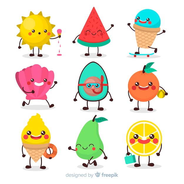 Hand drawn kawaii summer characters collection