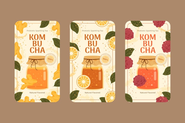 Free vector hand drawn kombucha label collection