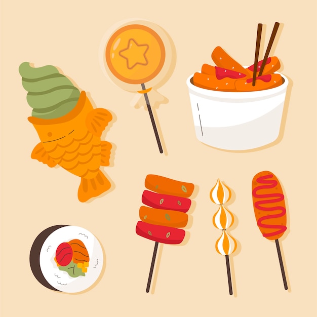 Free Vector hand drawn korean street food element collection