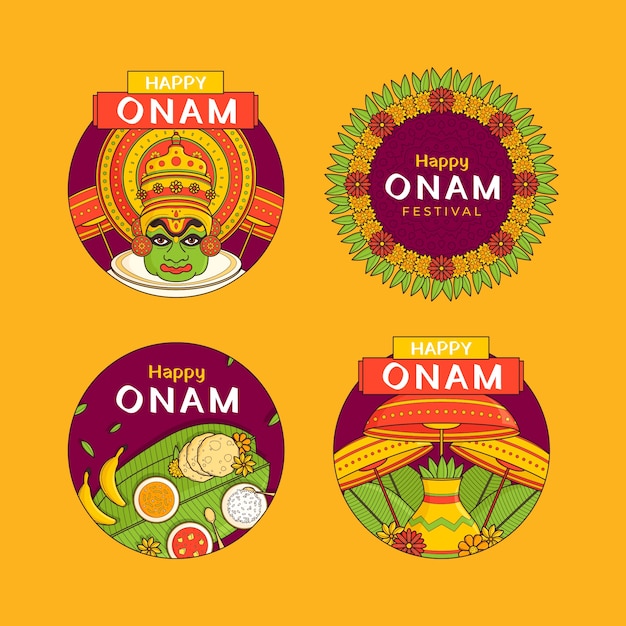 Hand drawn labels collection for onam festival celebration