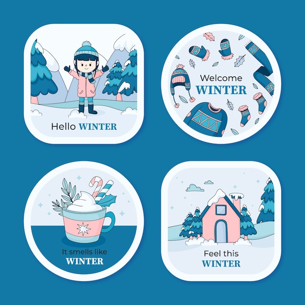 Free Vector hand drawn labels collection for winter with child and house