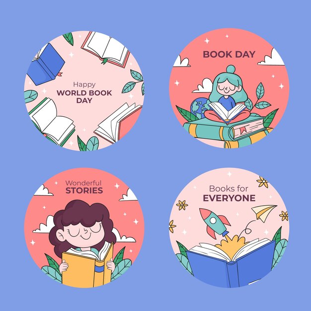 Hand drawn labels collection for world book day celebration