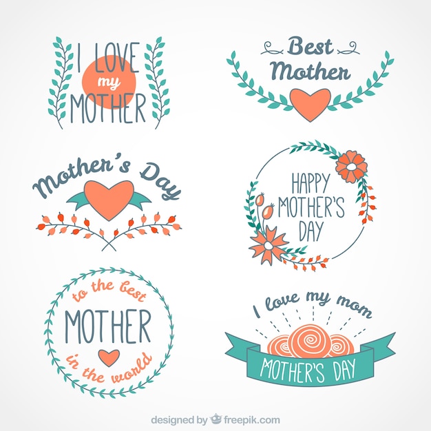 Free Vector hand-drawn labels with red elements for mother's day