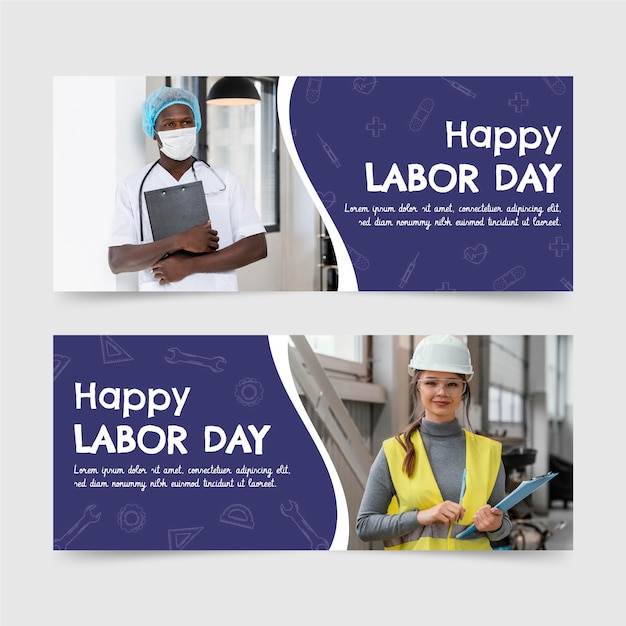 Hand drawn labor day horizontal banners set with photo