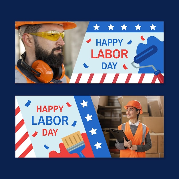 Hand drawn labor day horizontal banners set with photo