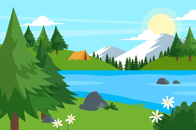 Hand drawn lake scenery with mountains