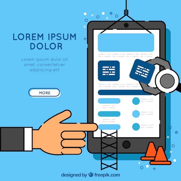 Hand drawn landing page design with smartphone and construction concept