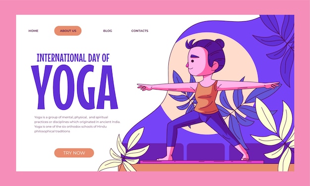 Hand drawn landing page template for international yoga day celebration