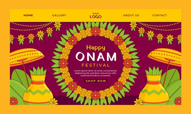 Hand drawn landing page template for onam festival celebration