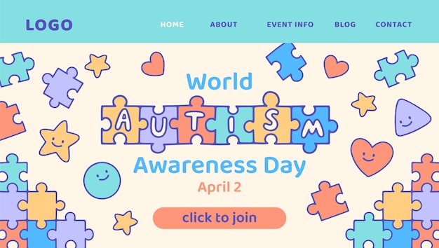 Hand drawn landing page template for world autism awareness day