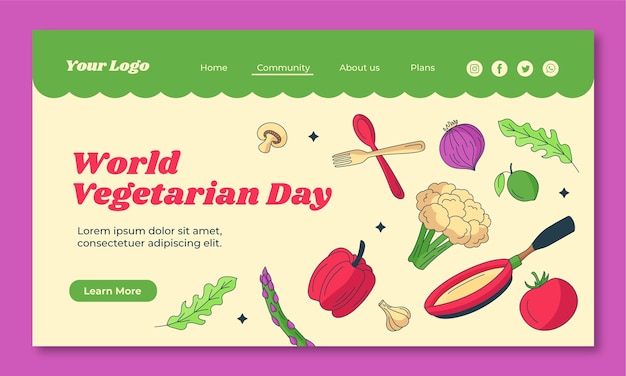 Hand drawn landing page template for world vegetarian day celebration