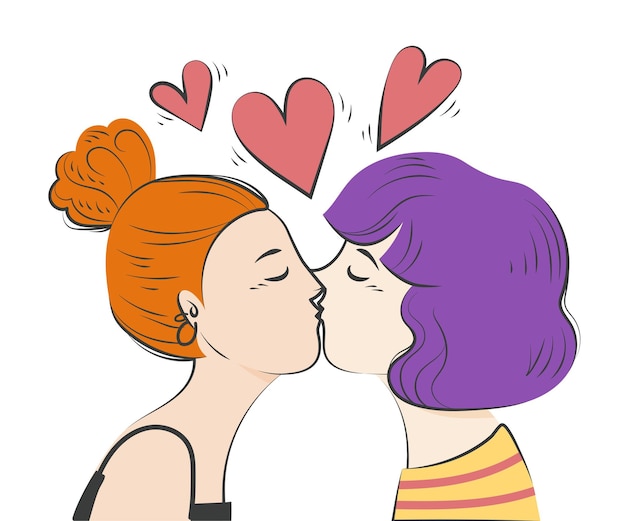 Hand drawn lesbian kiss illustrated