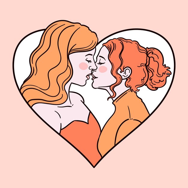 Hand drawn lesbian kiss illustrated