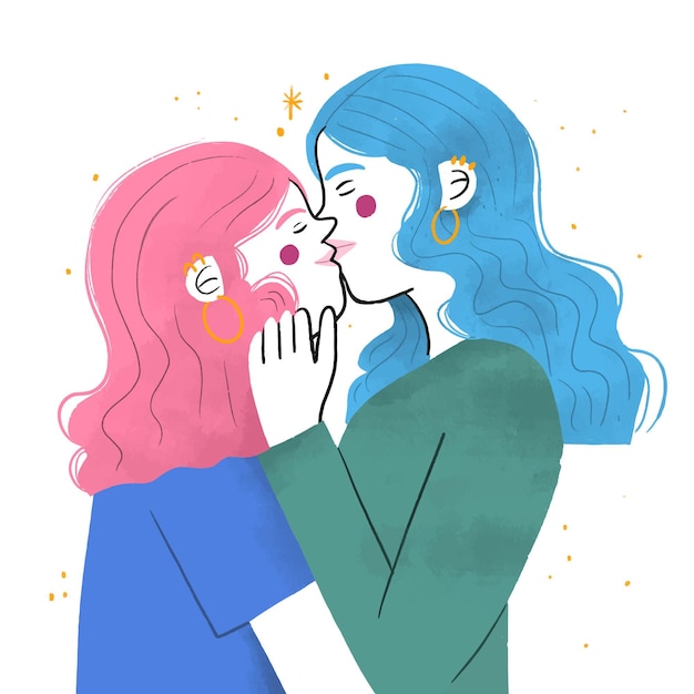 Hand drawn lesbian kiss illustration