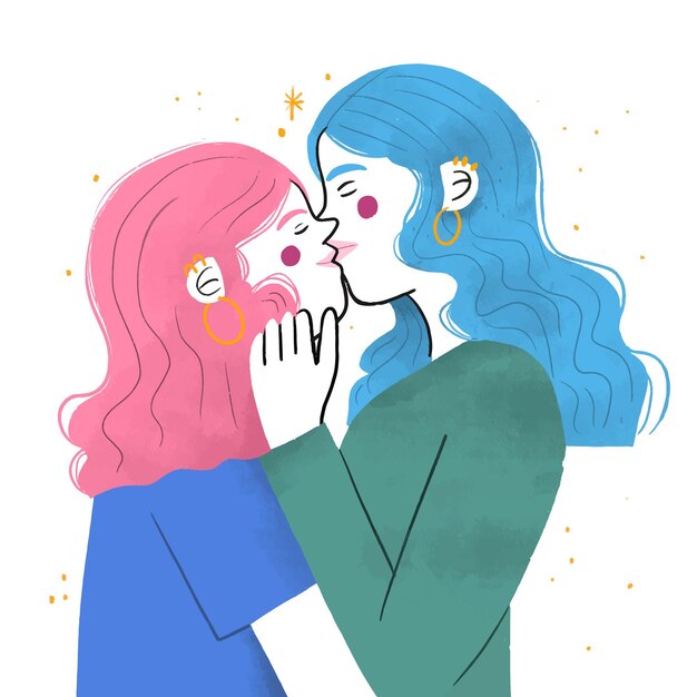 Hand drawn lesbian kiss illustration