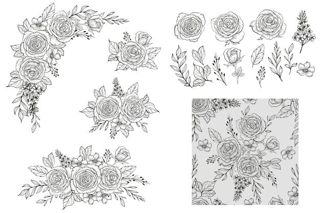 Free vector hand drawn line art rose arrangement isolated and seamless pattern