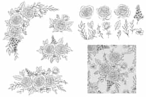 Free vector hand drawn line art rose arrangement isolated and seamless pattern