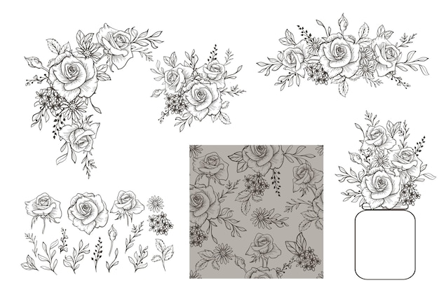 hand drawn line art rose arrangement isolated and seamless pattern