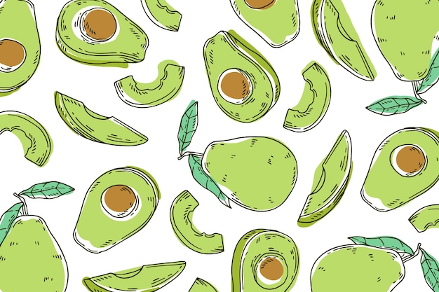 Hand drawn lineal engraved avocado pattern