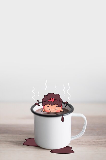 Hand drawn little girl taking a bathe in a chocolate mug 