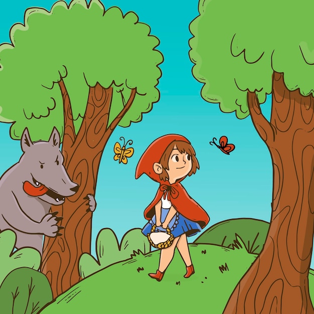 Hand drawn little red riding hood illustration