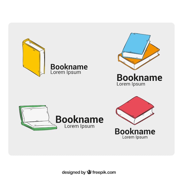 Hand-drawn logos of books in different colors